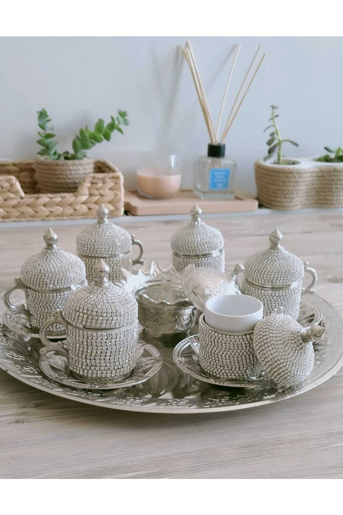 Osmanlı Motifli 6 Kişilik Türk Kahve Seti - Beyaz Taşlı