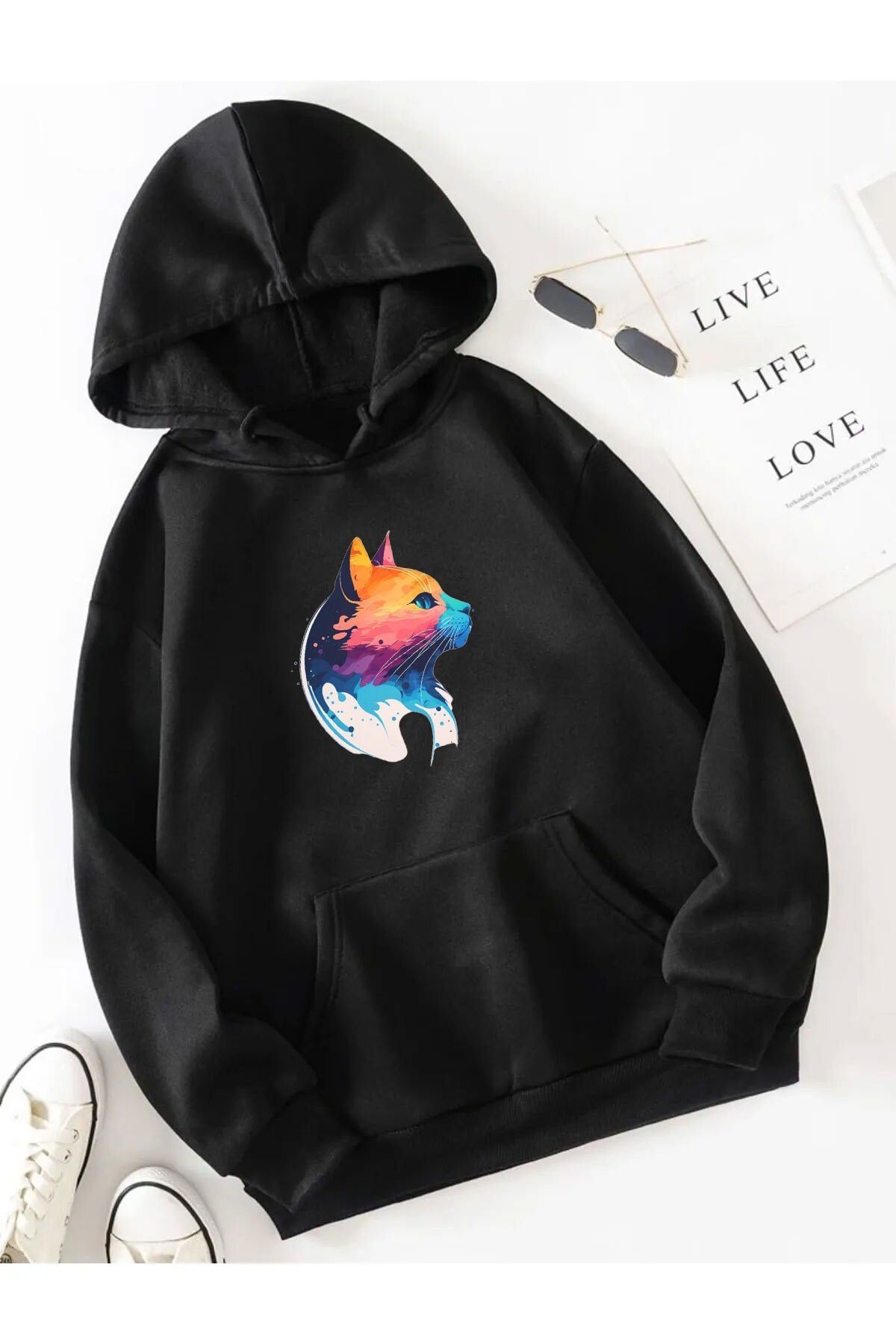 Oversize Baskılı Siyah Sweatshirt