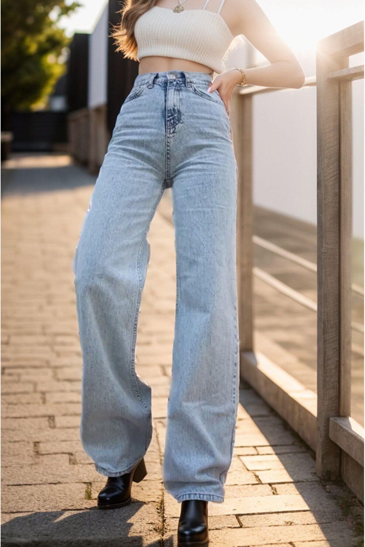 Rtx 90's Orta Kar Mavi Likralı Palazzo Salaş Paça Süper Yüksek Bel Jean Pantolon