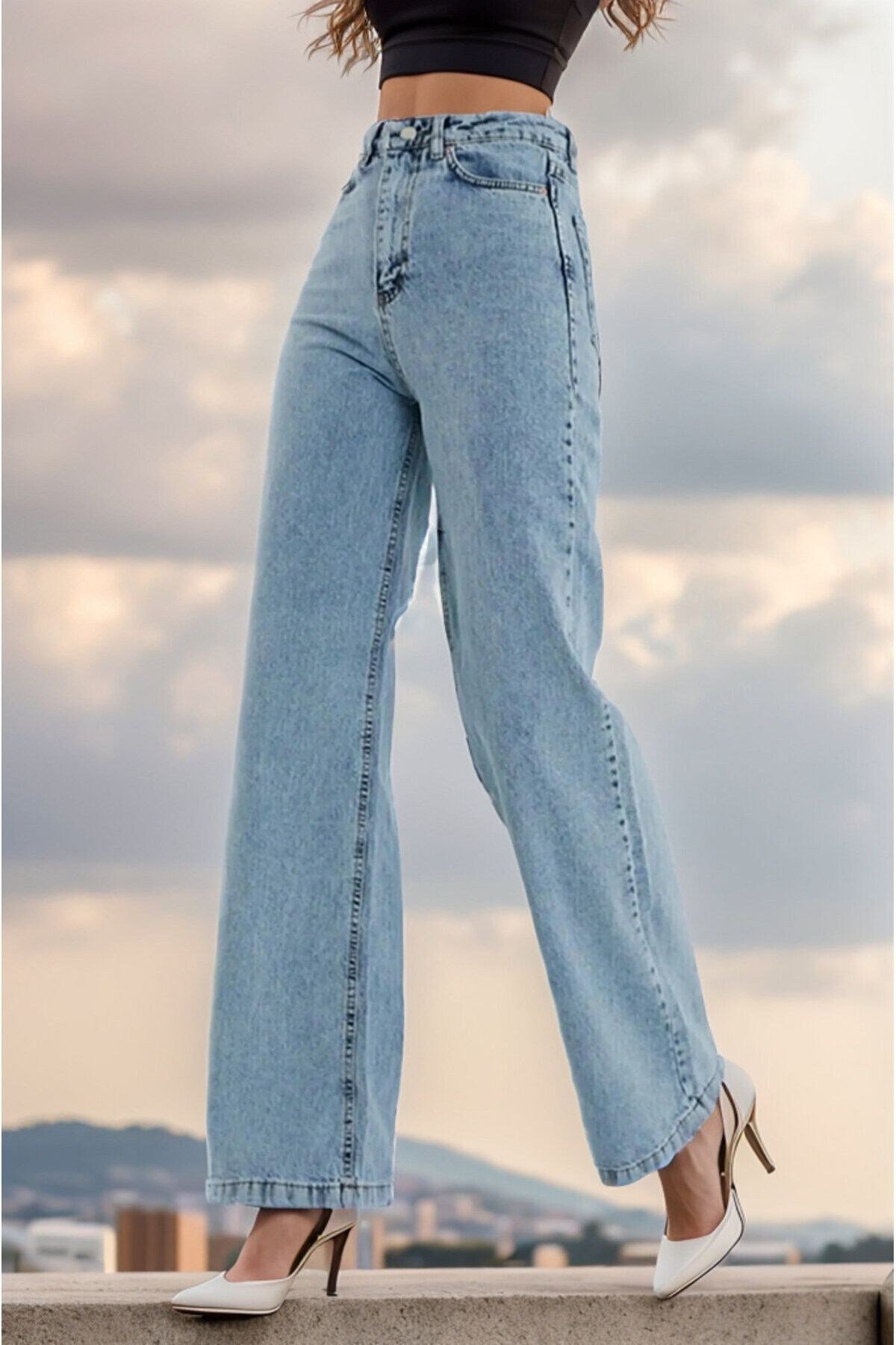 Rtx 90's Orta Kar Mavi Likralı Palazzo Salaş Paça Süper Yüksek Bel Jean Pantolon