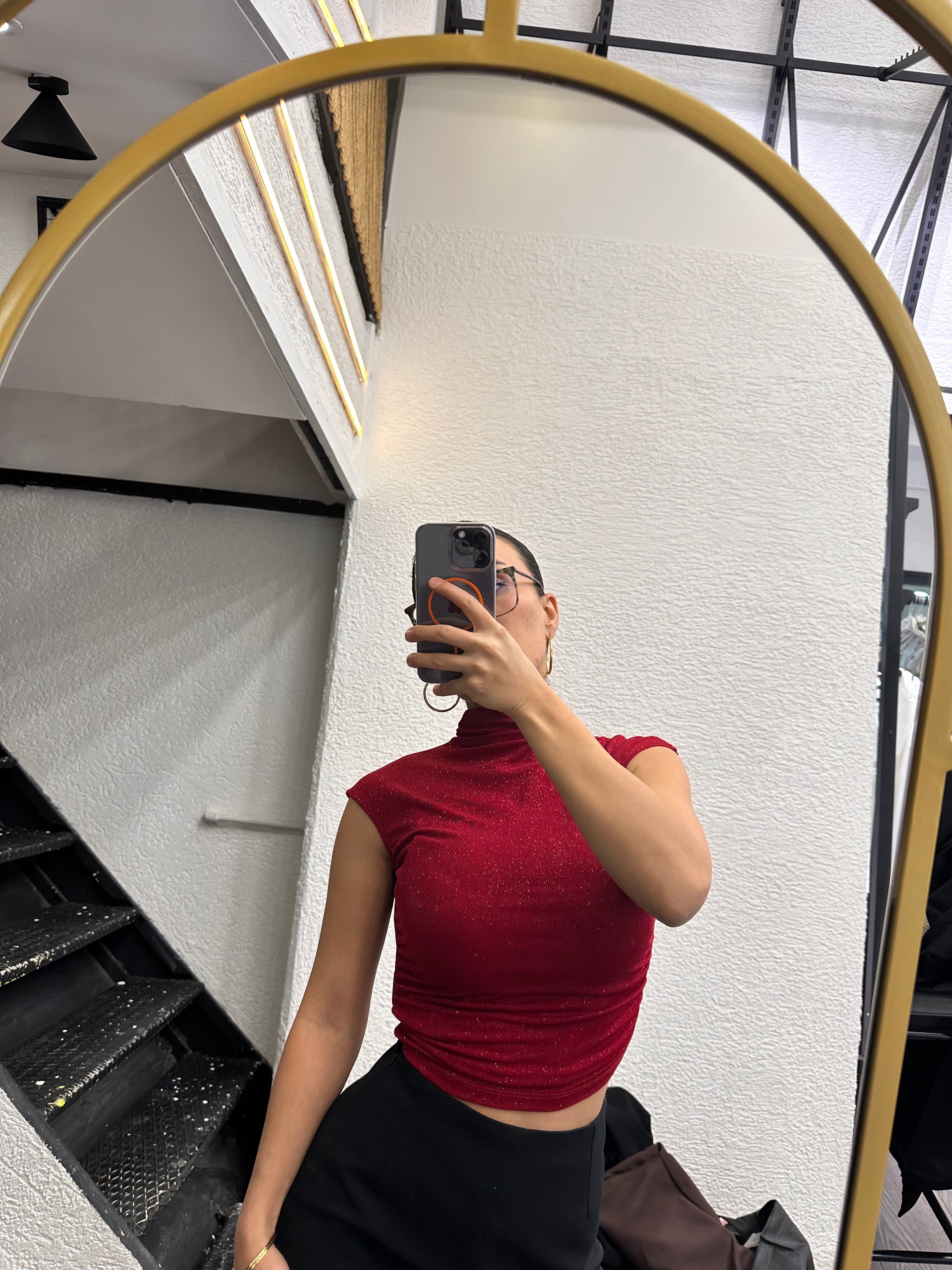 Simli Bordo Yarım Balıkçı Kolsuz Crop Bluz