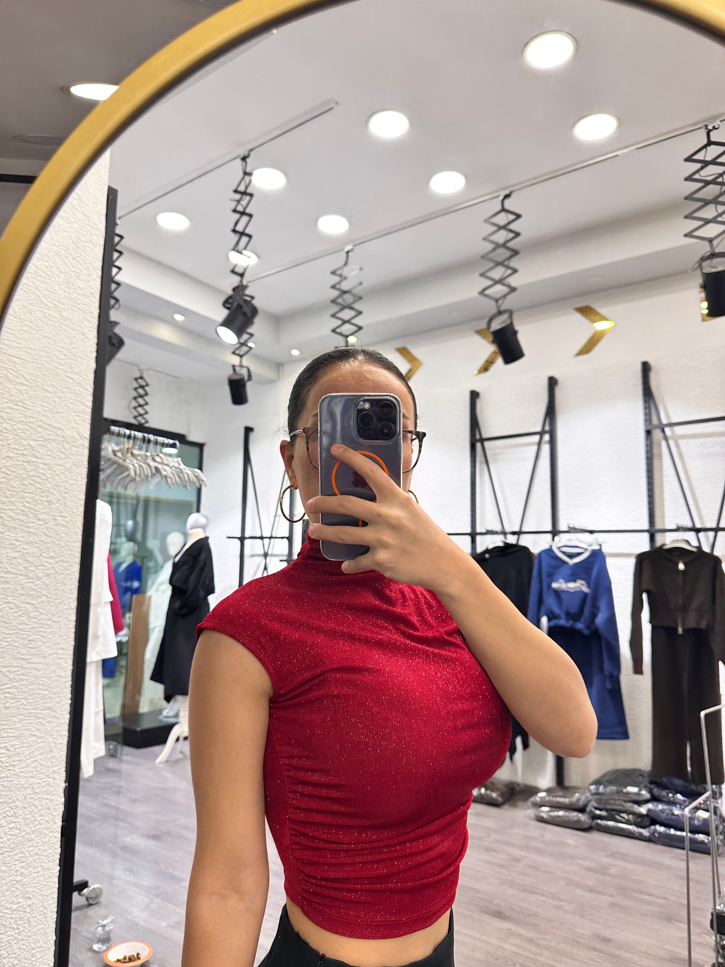 Simli Bordo Yarım Balıkçı Kolsuz Crop Bluz