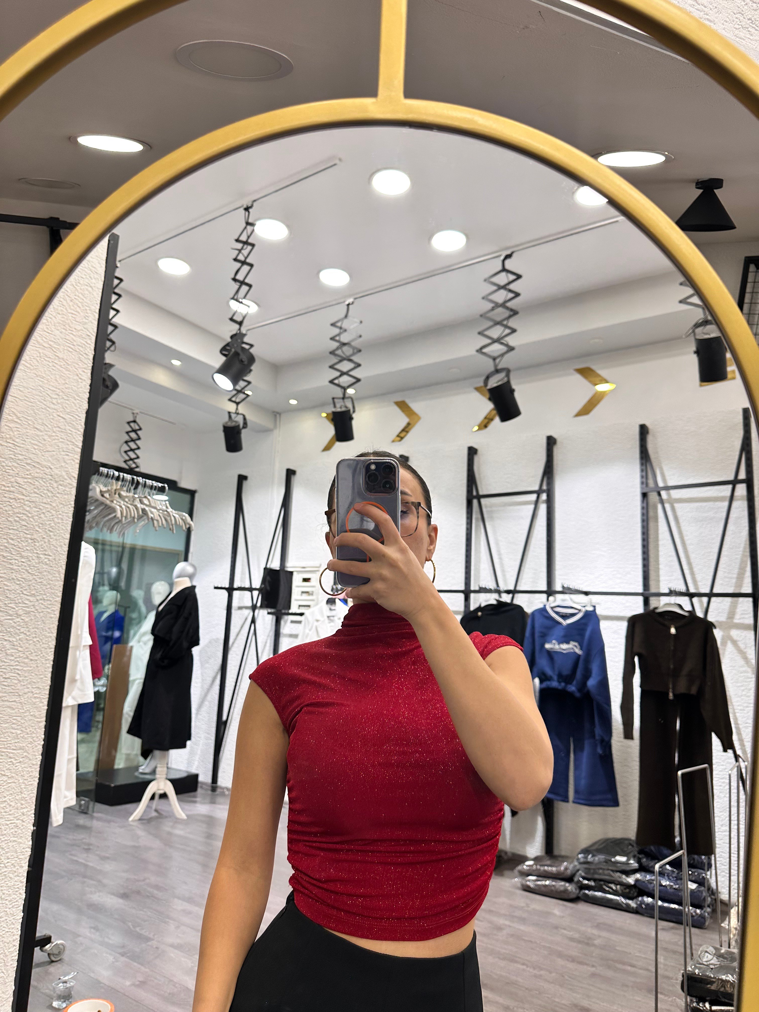 Simli Bordo Yarım Balıkçı Kolsuz Crop Bluz