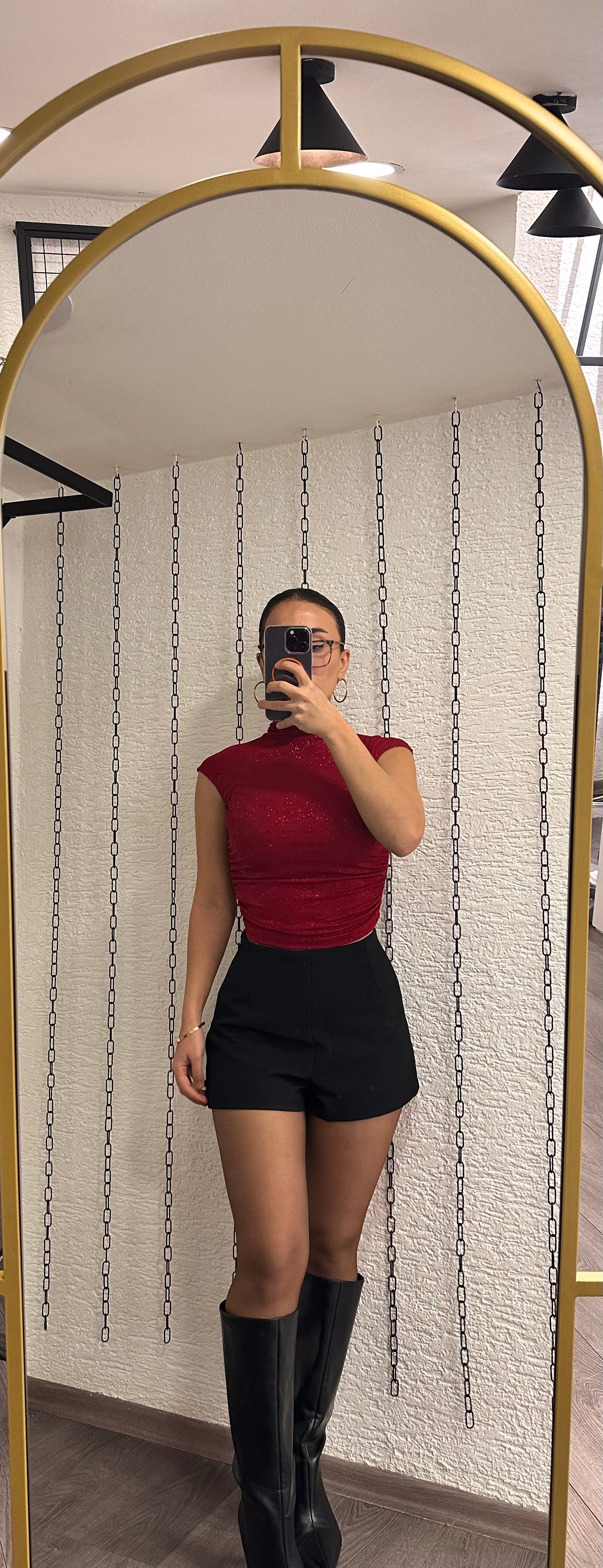 Simli Bordo Yarım Balıkçı Kolsuz Crop Bluz