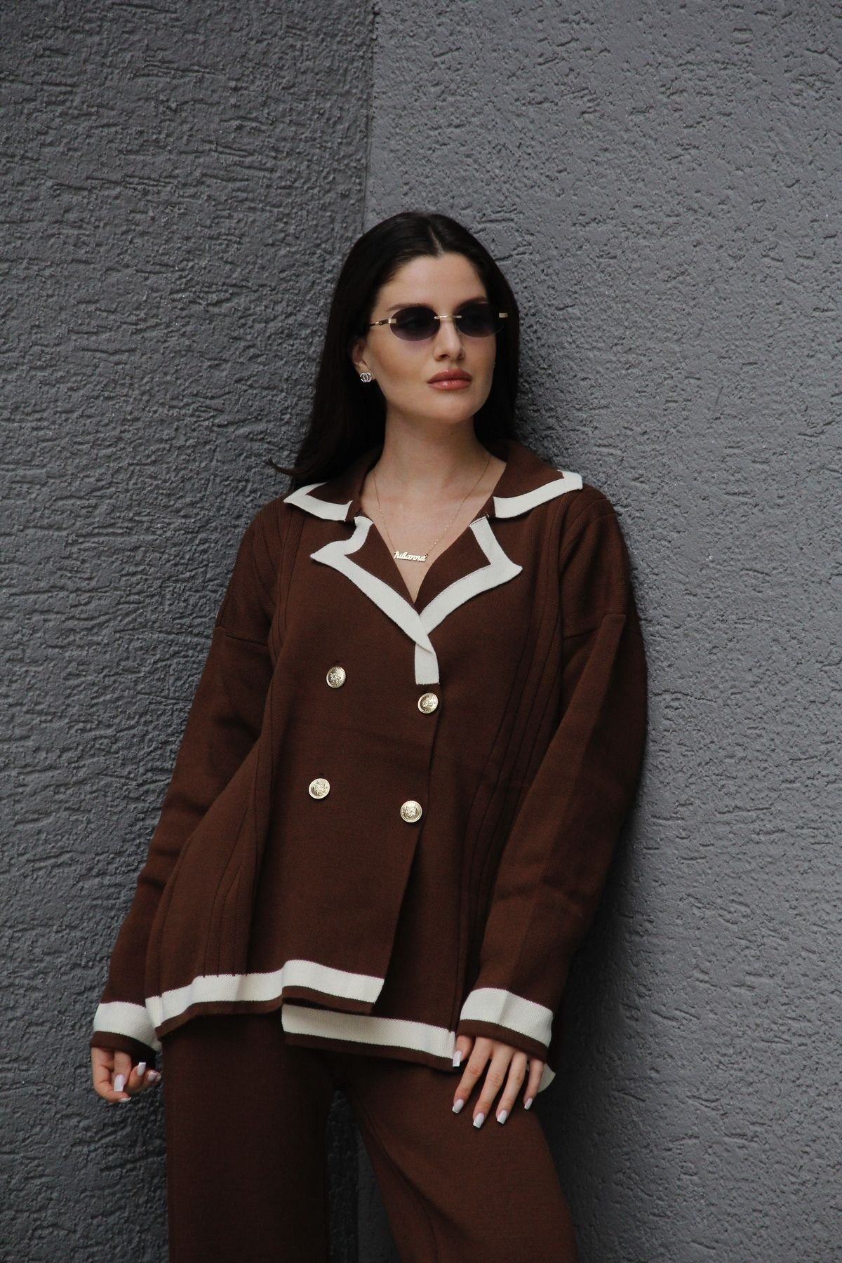 Standart Beden(Oversize) Kahve Gold Dört Düğmeli Kruvaze Hırka Pantolon Akrilik Triko Takım