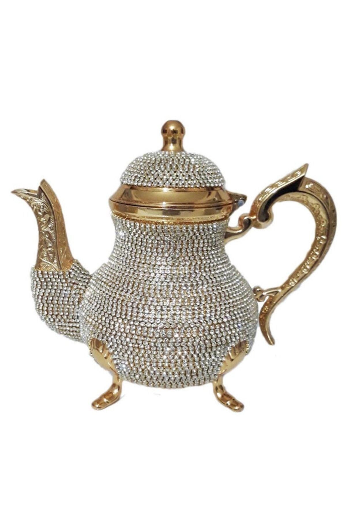 Taş Işlemeli Lüx Demlik Kristal Taşlı Bakır Demlik Çaydanlık 1500 Ml Gold - Gümüş - Renkli