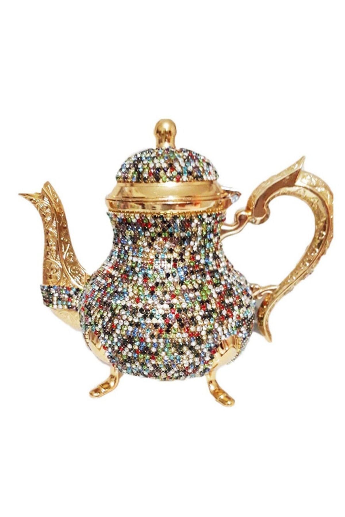 Taş Işlemeli Lüx Demlik Kristal Taşlı Bakır Demlik Çaydanlık 1500 Ml Gold - Gümüş - Renkli