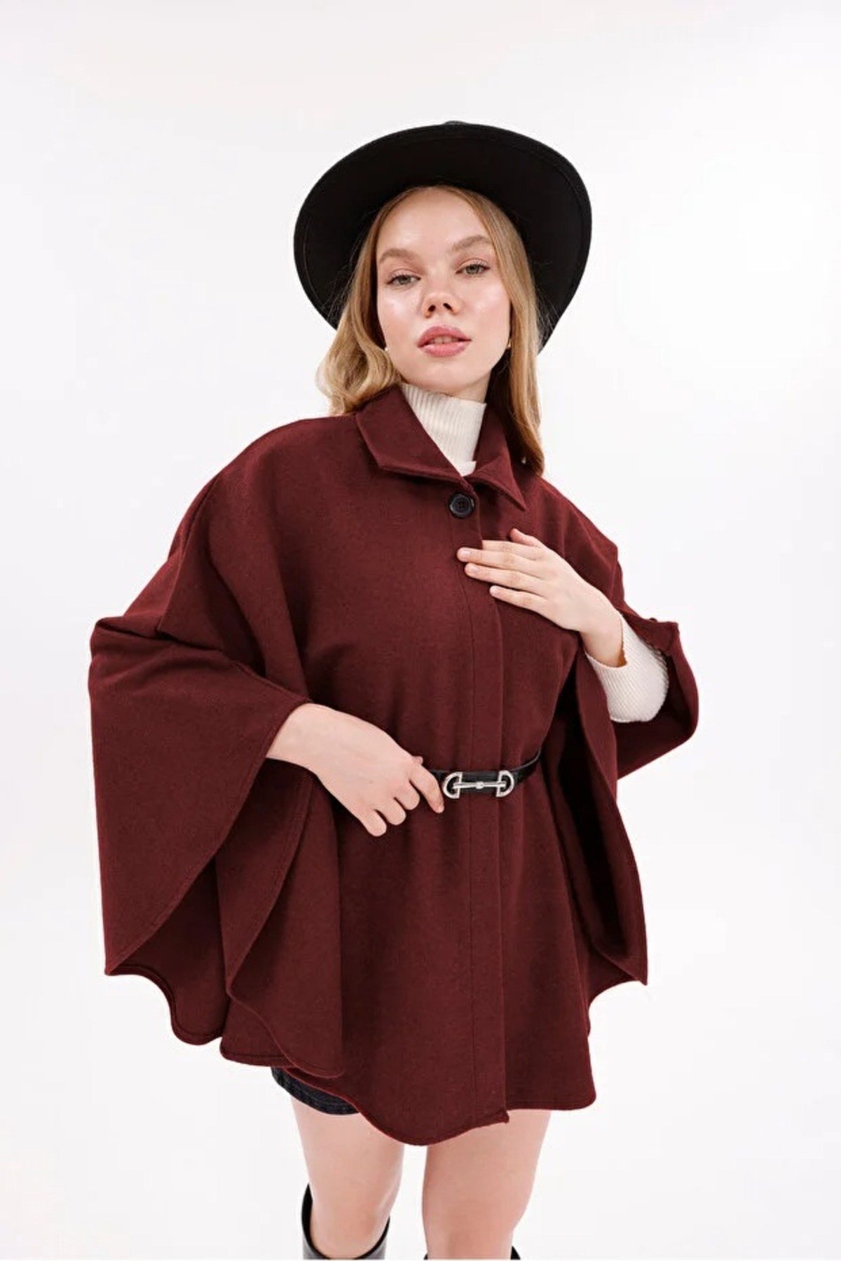 Unisex Füme Ateş Kırmızı Pamuklu Balıkçı Yaka Likralı Kaşkorse Şardonlu Slimfit Boğazlı Kazak