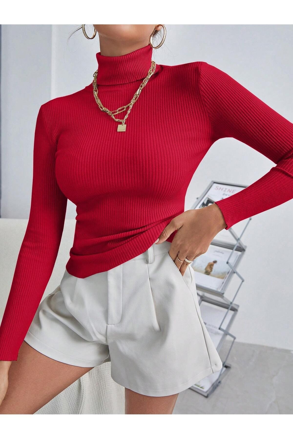 Unisex Kırmızı Tekli Fiyat Pamuklu Balıkçı Yaka Kaşkorse Şardonlu Slimfit Boğazlı