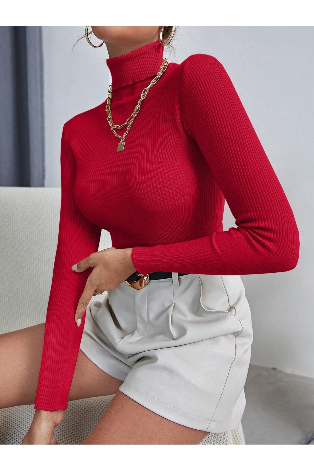 Unisex Kırmızı Tekli Fiyat Pamuklu Balıkçı Yaka Kaşkorse Şardonlu Slimfit Boğazlı