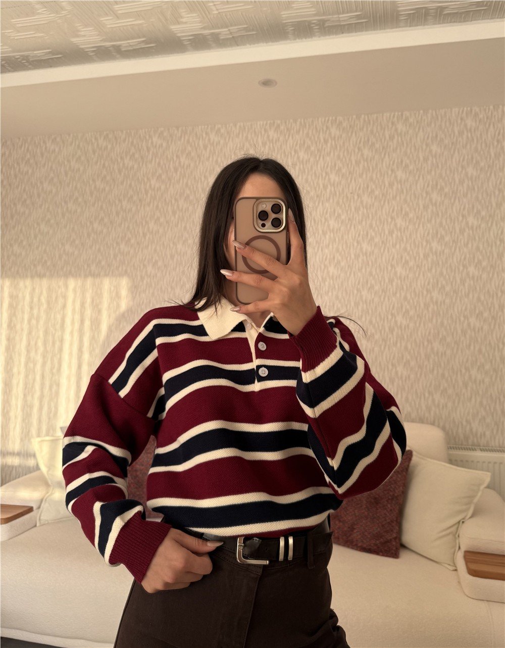 Bordo Çizgili Polo Yaka Kazak Bordo