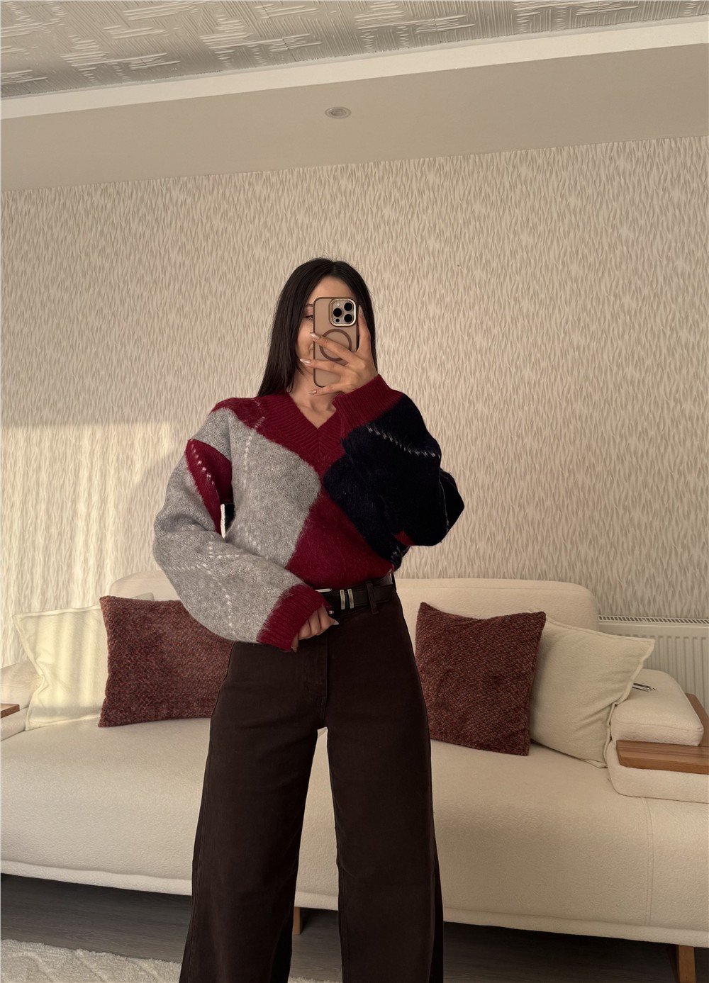 Bordo V Yaka Triko Kazak Bordo
