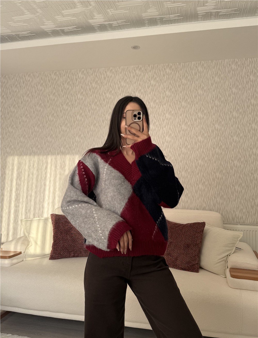 Bordo V Yaka Triko Kazak Bordo