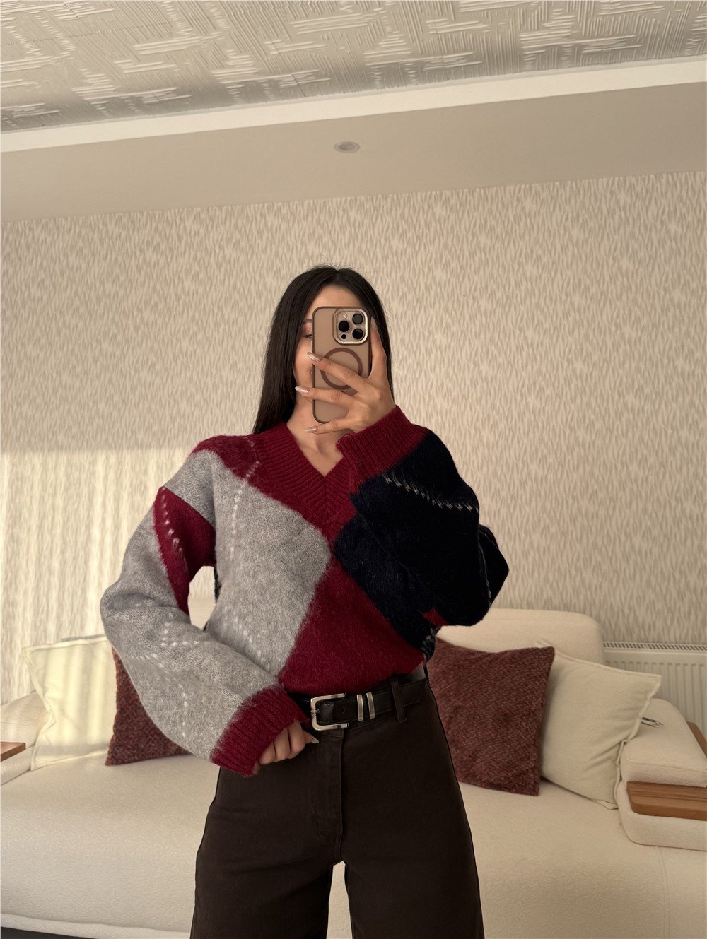 Bordo V Yaka Triko Kazak Bordo