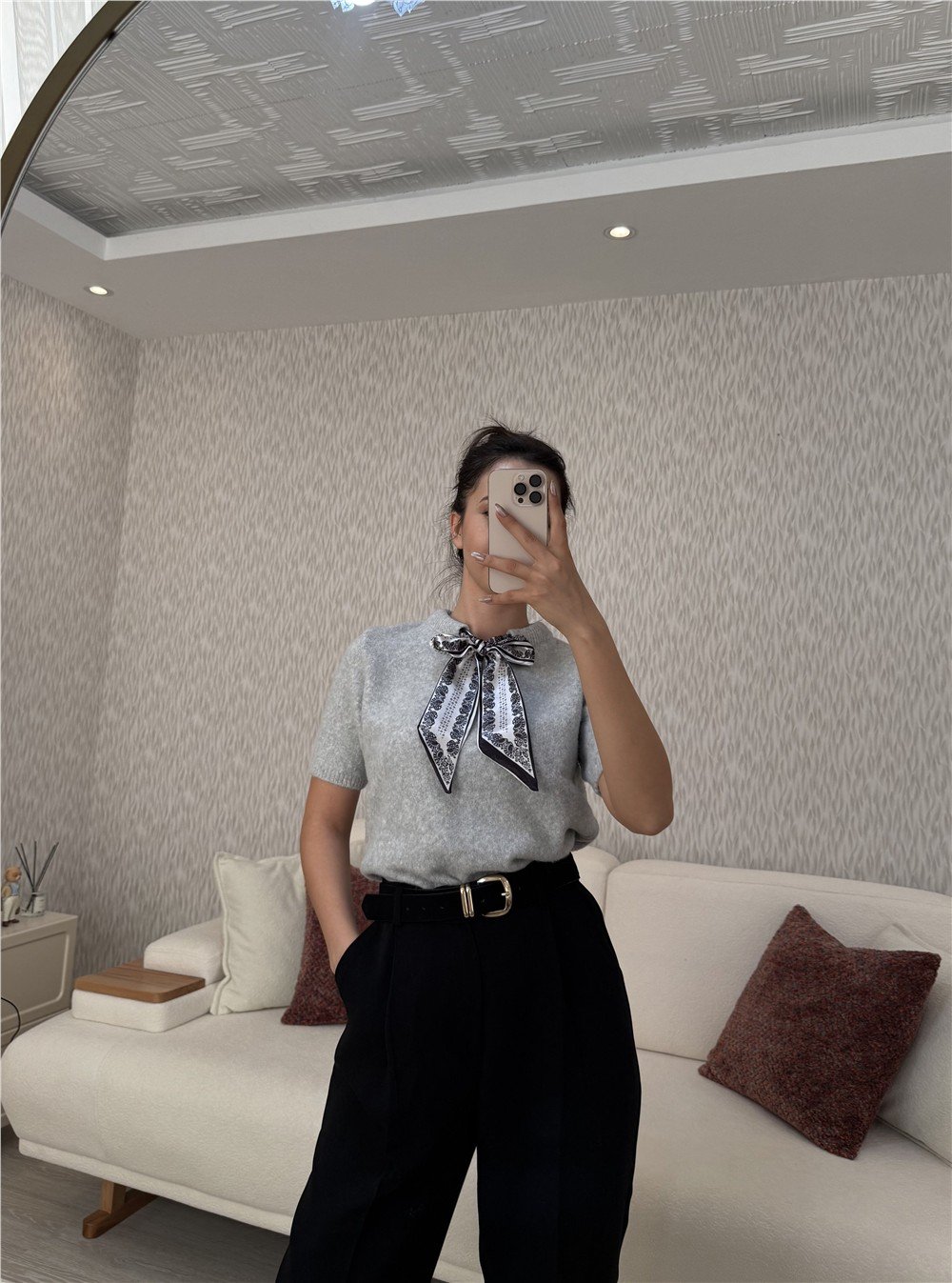 Fularlı Gri Triko Tshirt Gri