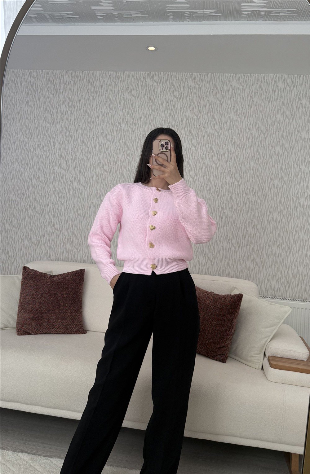 Kalp Düğmeli Hırka Pembe