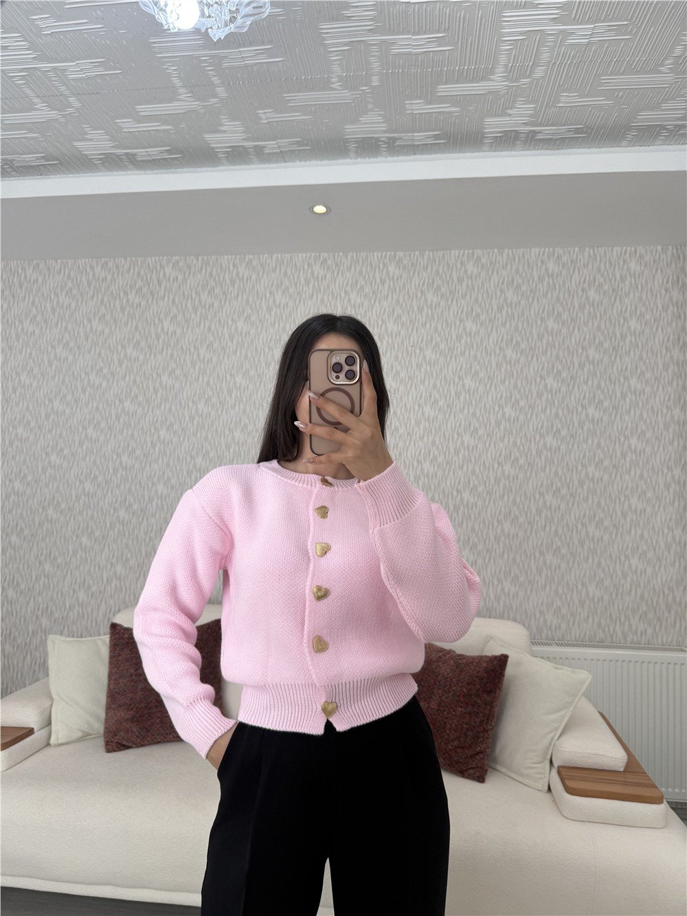 Kalp Düğmeli Hırka Pembe