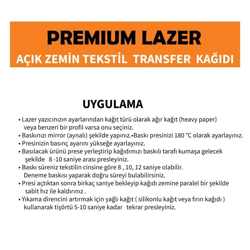 Lazer Premium Açık Zemin  Tekstil Transfer Kağıdı A4  (1 adet )