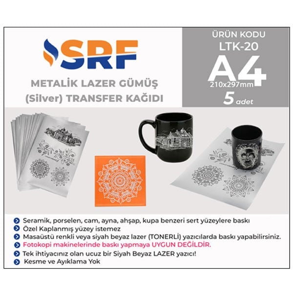 SRF Lazer Gümüş (Silver) Metalik Transfer Kağıdı A4 (5 adet)