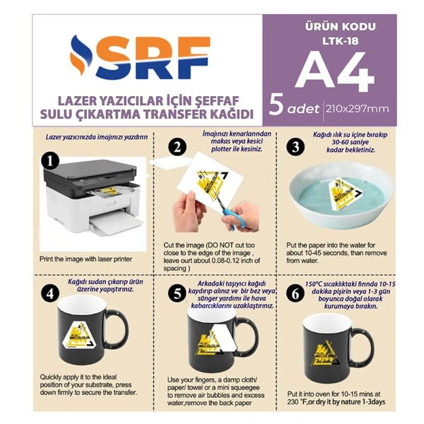 SRF Şeffaf Sulu Çıkartma Lazer Transfer Kağıdı A4 (5 adet)