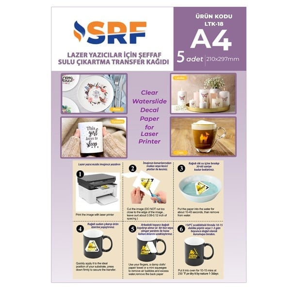 SRF Şeffaf Sulu Çıkartma Lazer Transfer Kağıdı A4 (5 adet)
