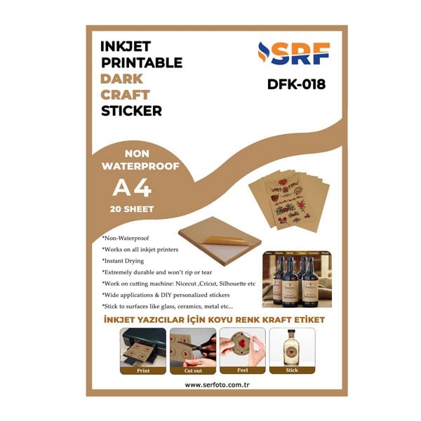 SRF Yapışkanlı İnkjet Koyu Kraft Plastik Etiket (20 adet A4)