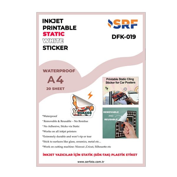 SRF Yapışkansız Statik Sök Tak Plastik Etiket (20 adet A4)