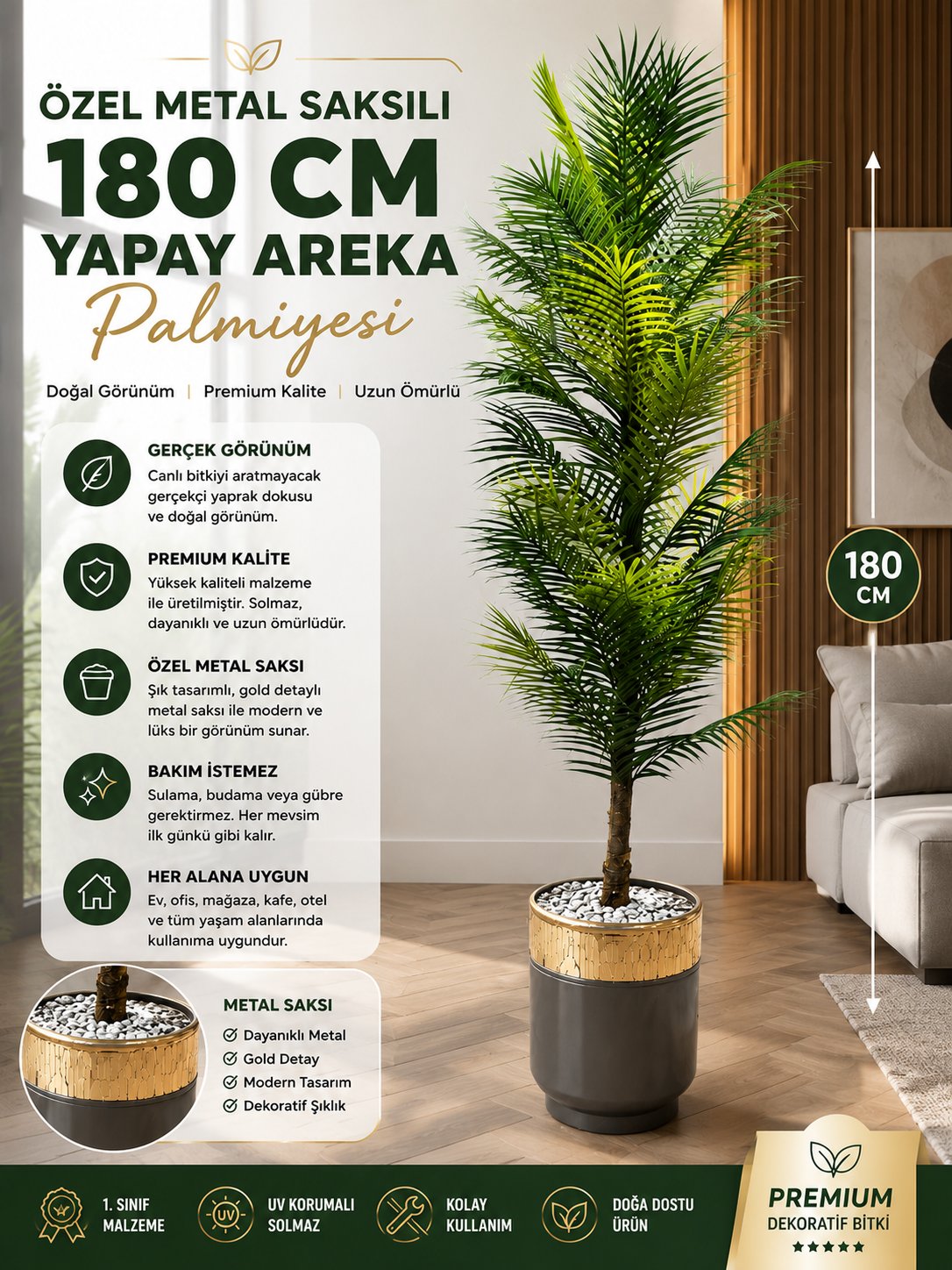 🌴 Premium Yapay Areka Palmiyesi 180 CM – Özel Metal Saksılı Dekoratif Salon Ağacı