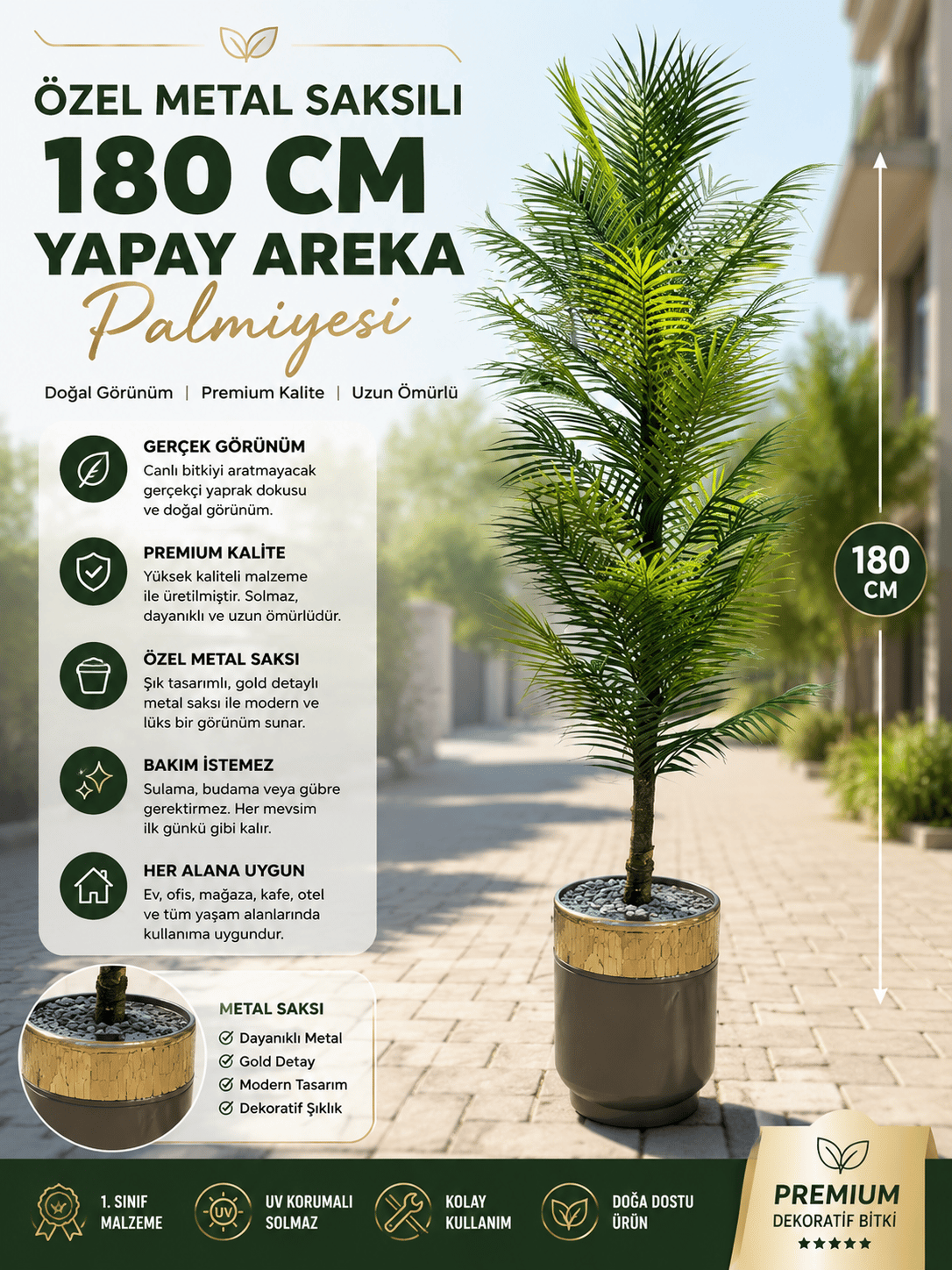 🌴 Premium Yapay Areka Palmiyesi 180 CM – Özel Metal Saksılı Dekoratif Salon Ağacı