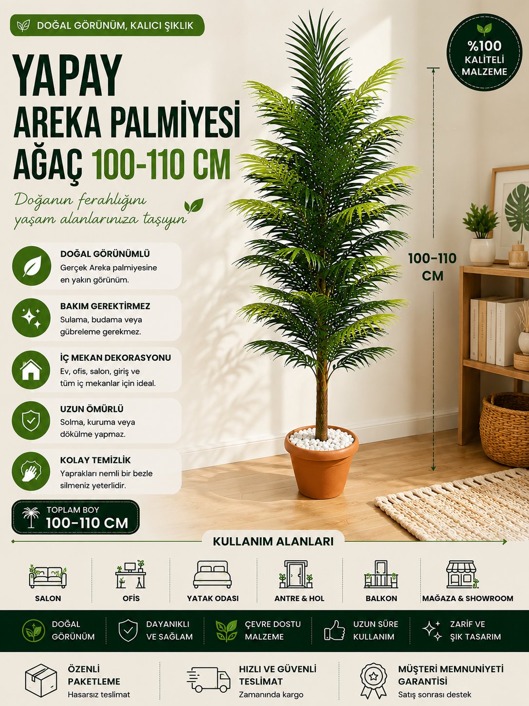 🌴 Yapay Areka Palmiyesi 100 CM – Gerçek Görünümlü Dekoratif Salon ve Ofis Bitkisi