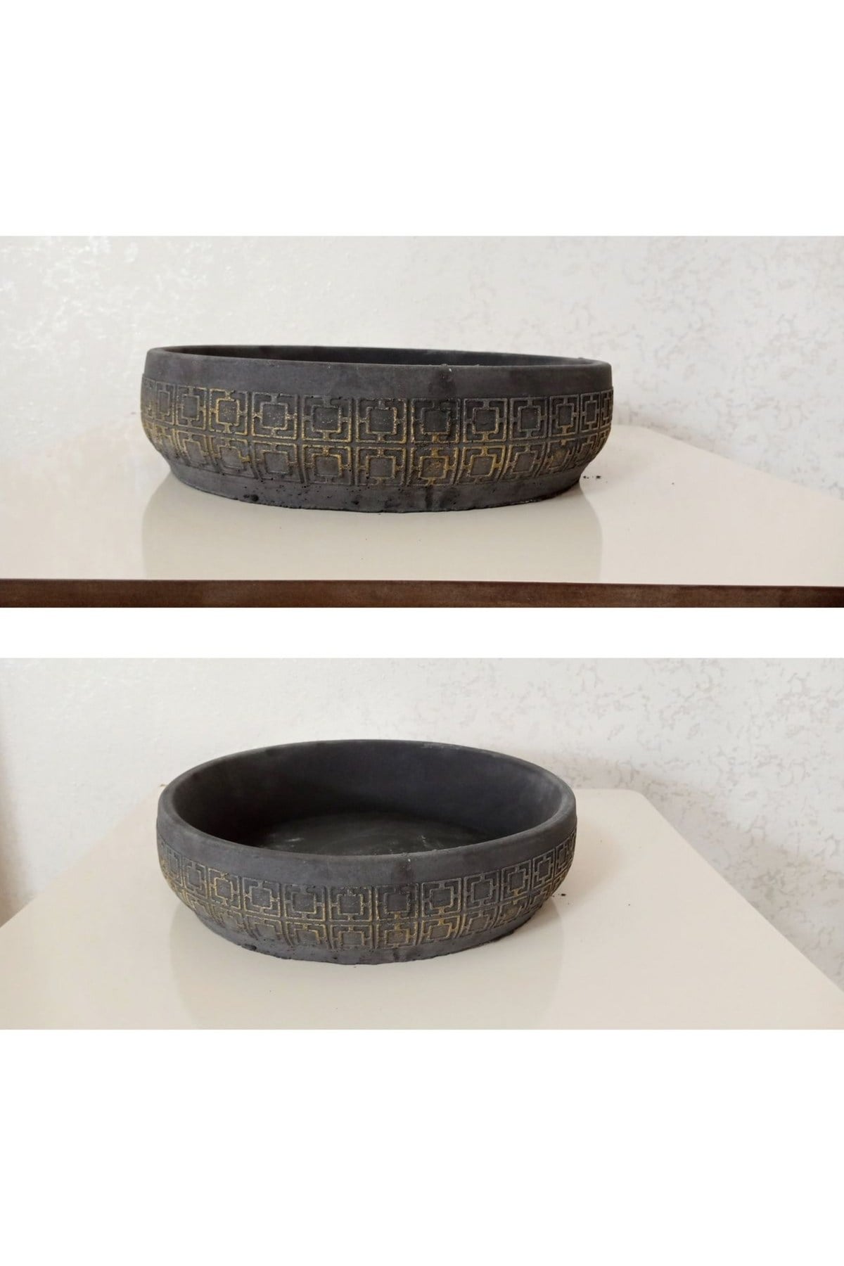 2 Adet Beton Aranjman ve Bonsai Saksısı Kare Desen Ağız Çap 25-30 cm çap Antrasit Gold