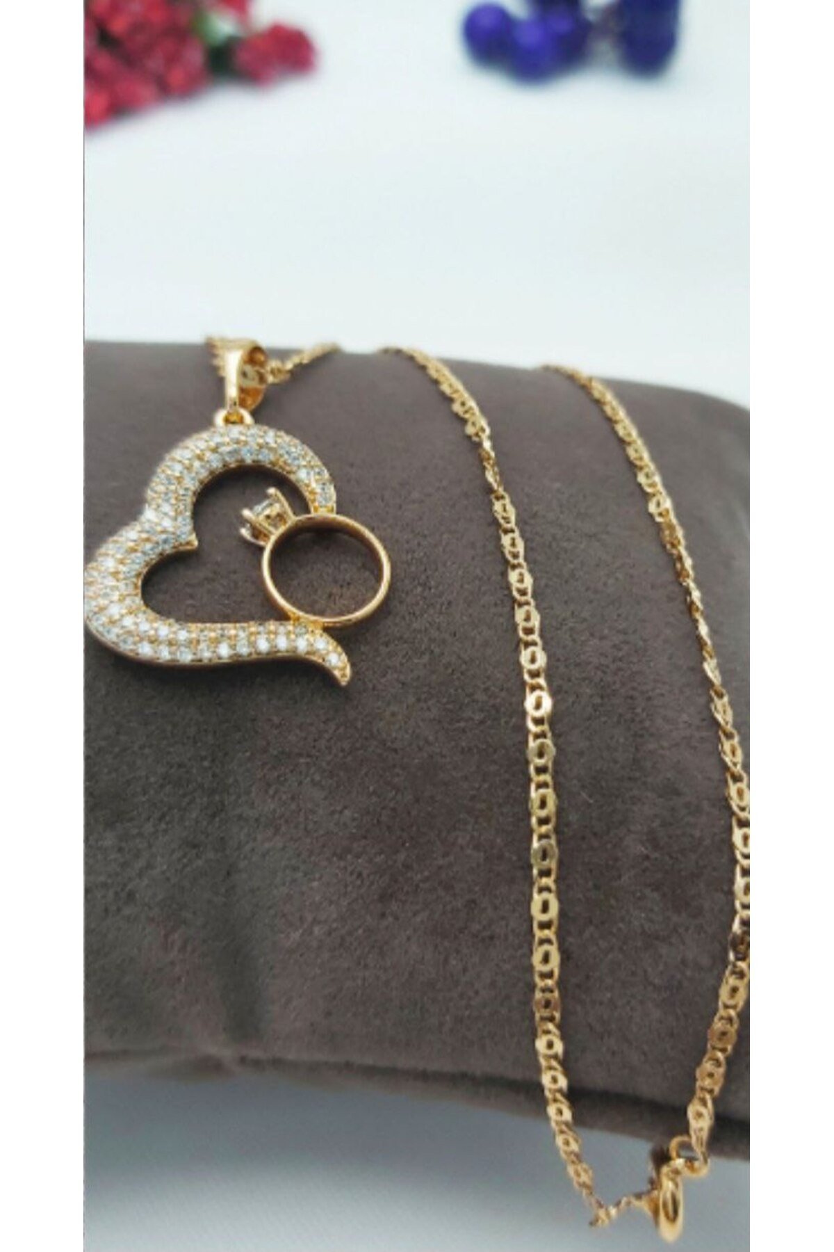 316L ÇELİK  1. SINIF ZİRKON TAŞLI TEK TAŞ YÜZÜK KALP KOLYE