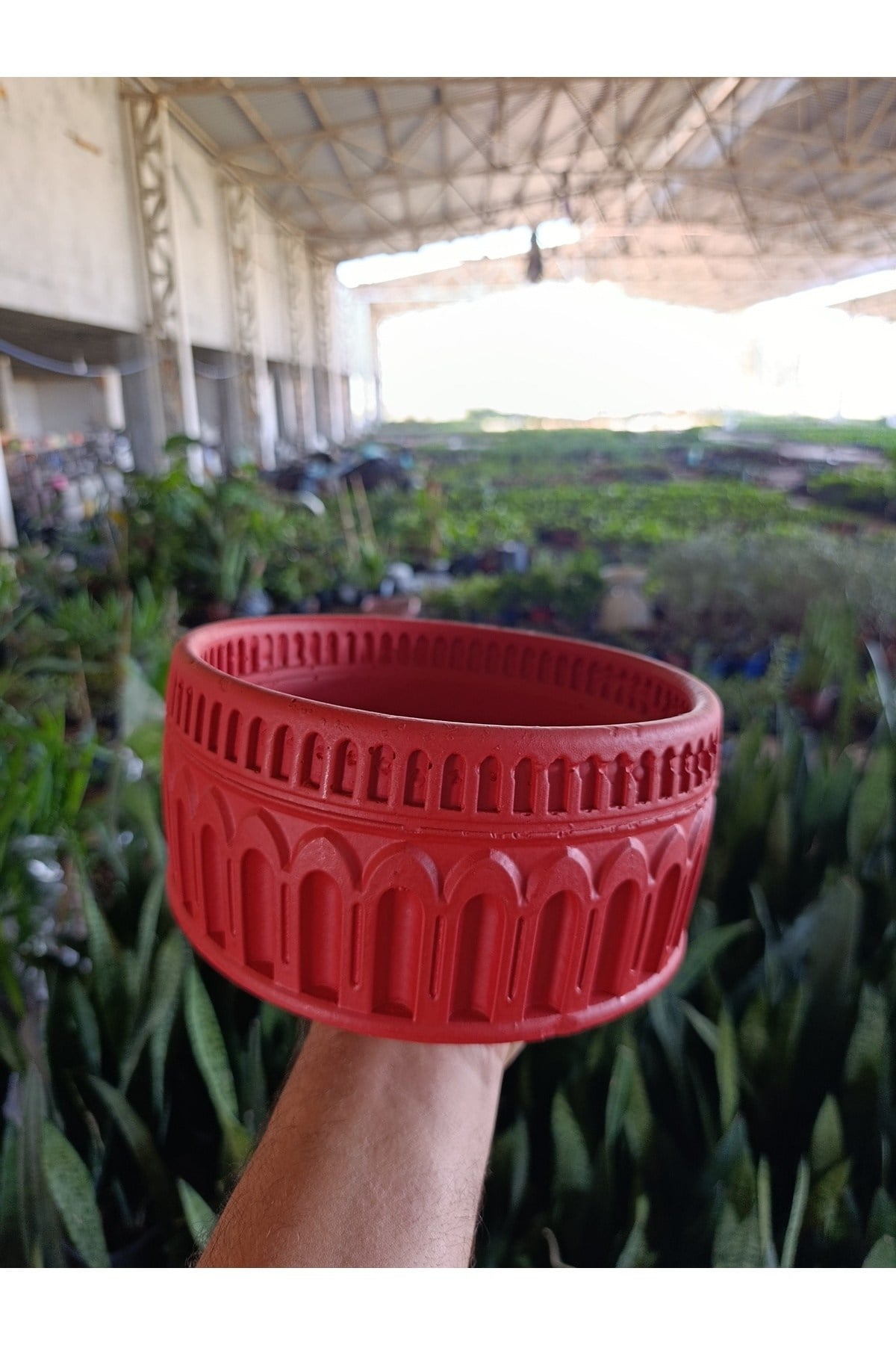 Antik Roma Desenli Taş Saksı 21*10 cm Para Çiçeği İle