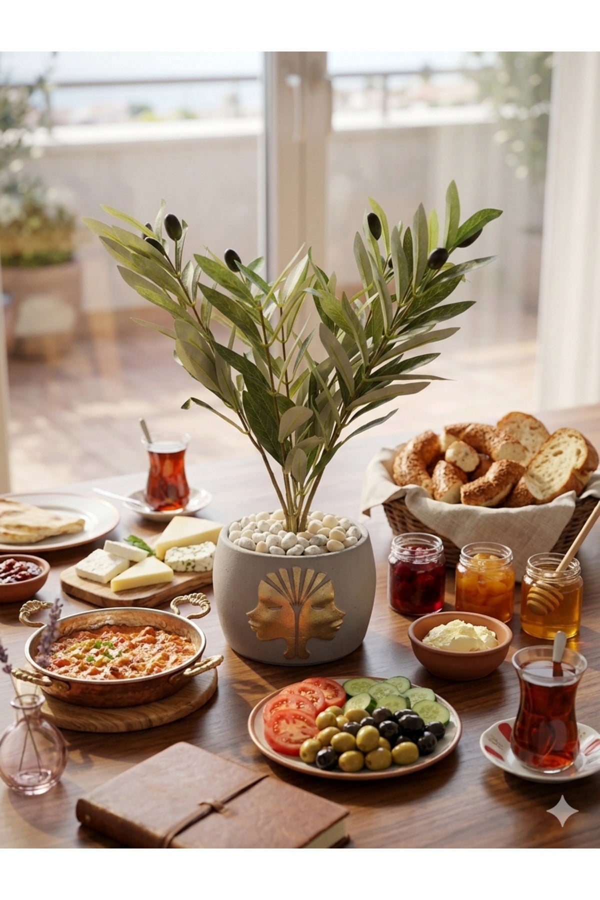 Antik Tasarım Yüz Saksıda Yapay Zeytin Ağacı Kirli Beyaz Çakıl Taşlı Premium Dekoratif Bitki