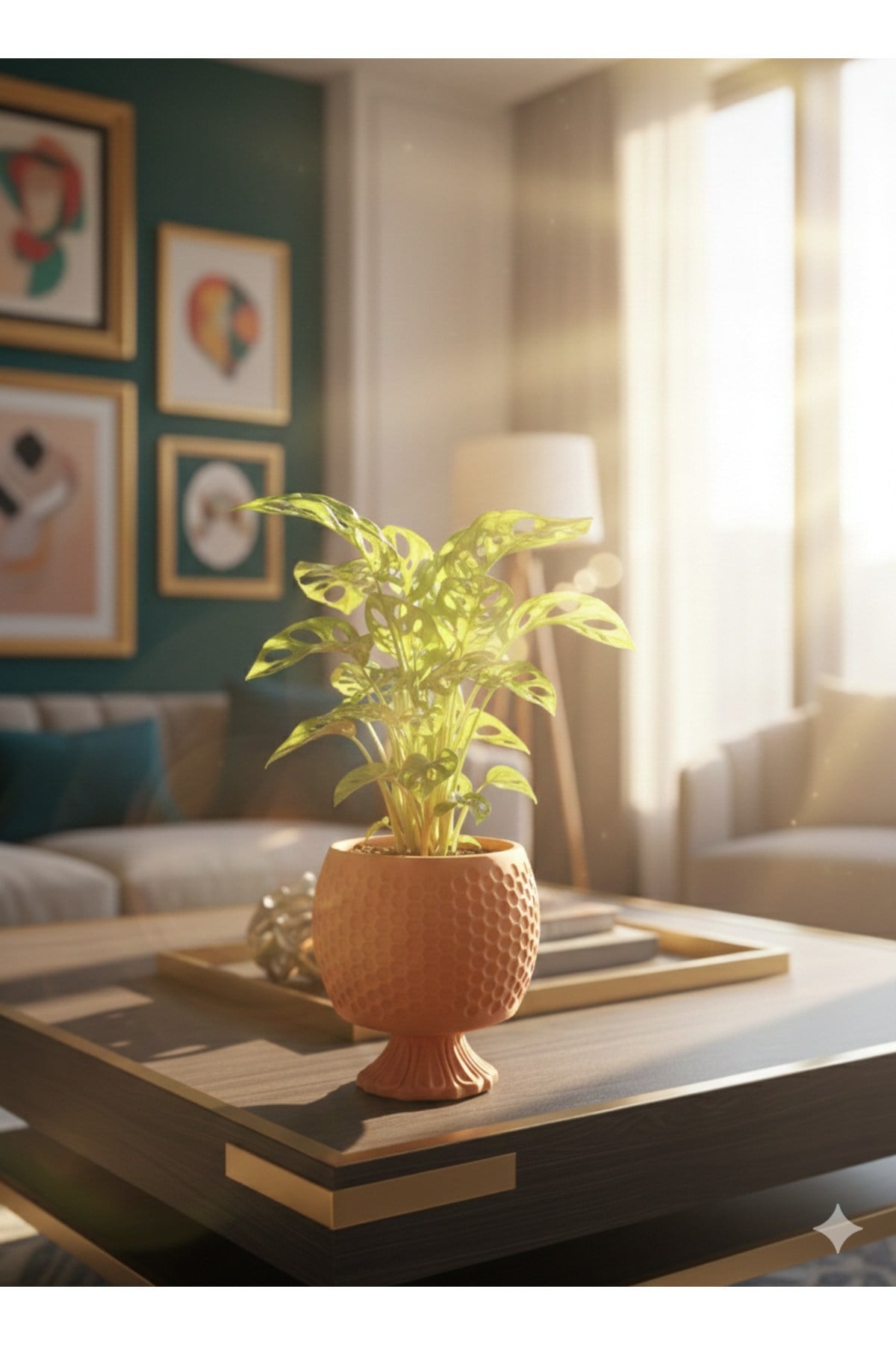 Canlı Monstera Adansonii Maymun Maskesi - Özel Dokulu Turuncu Ayaklı Saksıda