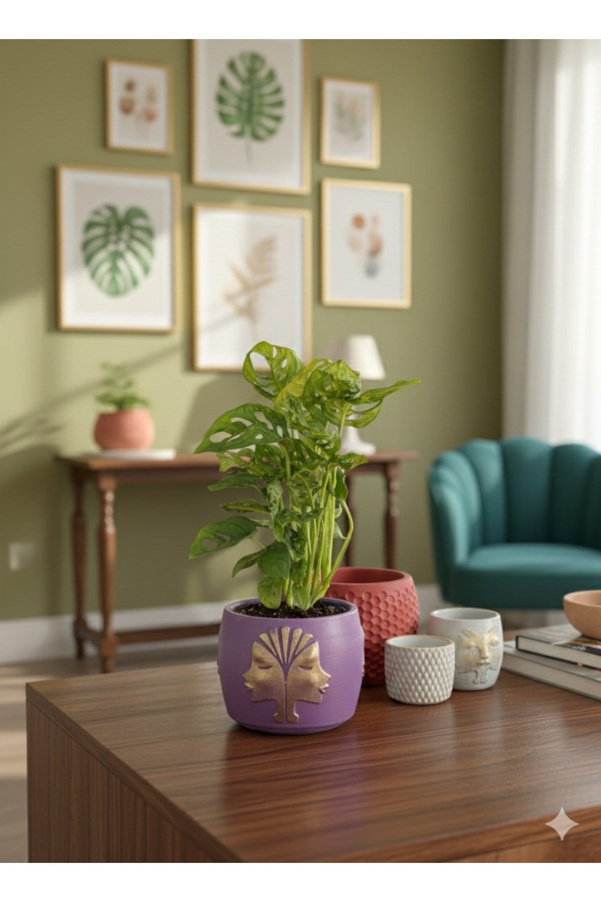 Canlı Monstera Adansonii Maymun Maskesi - El Yapımı Tasarım Mor Beton Saksı