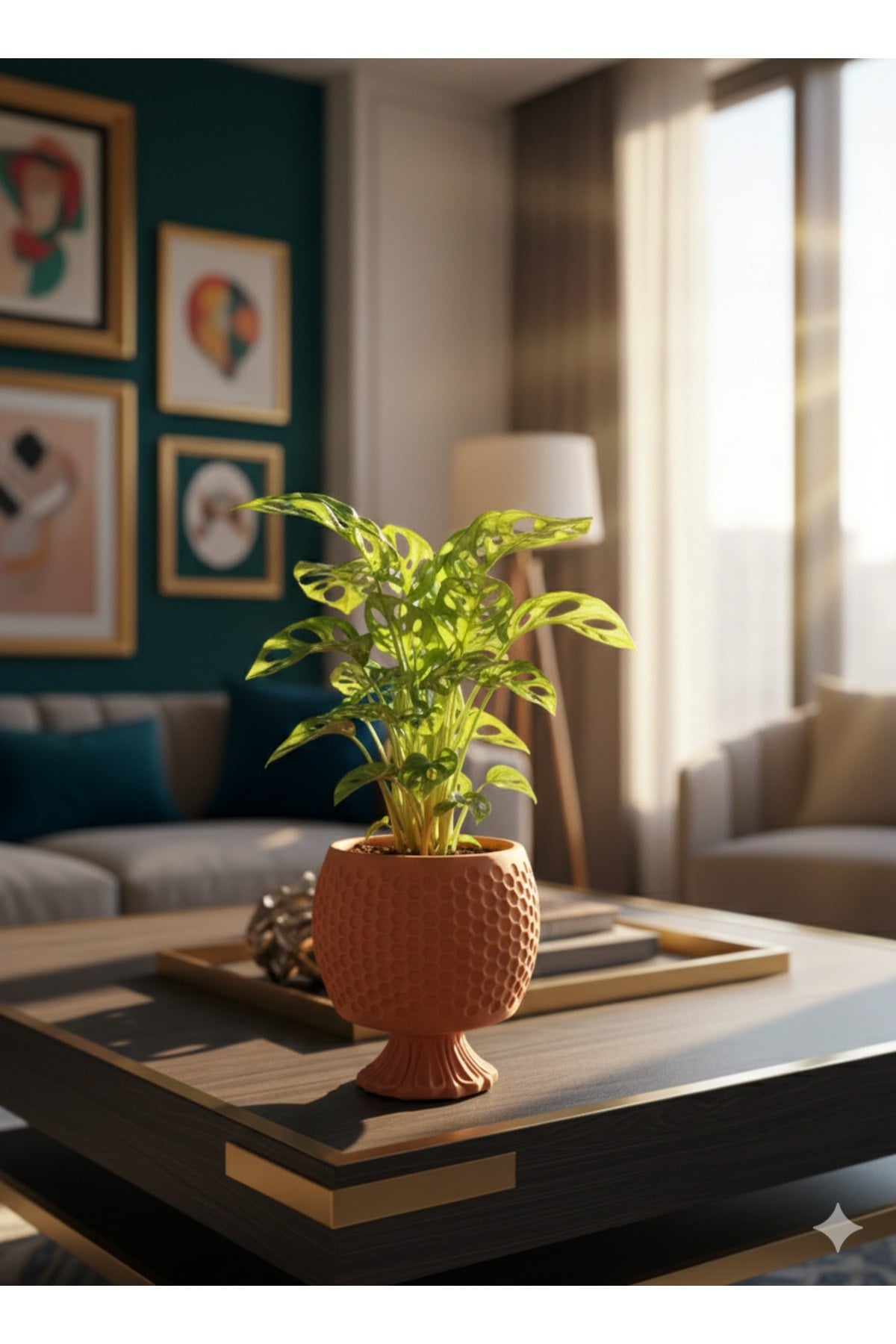 Canlı Monstera Adansonii Maymun Maskesi - Özel Dokulu Turuncu Ayaklı Saksıda