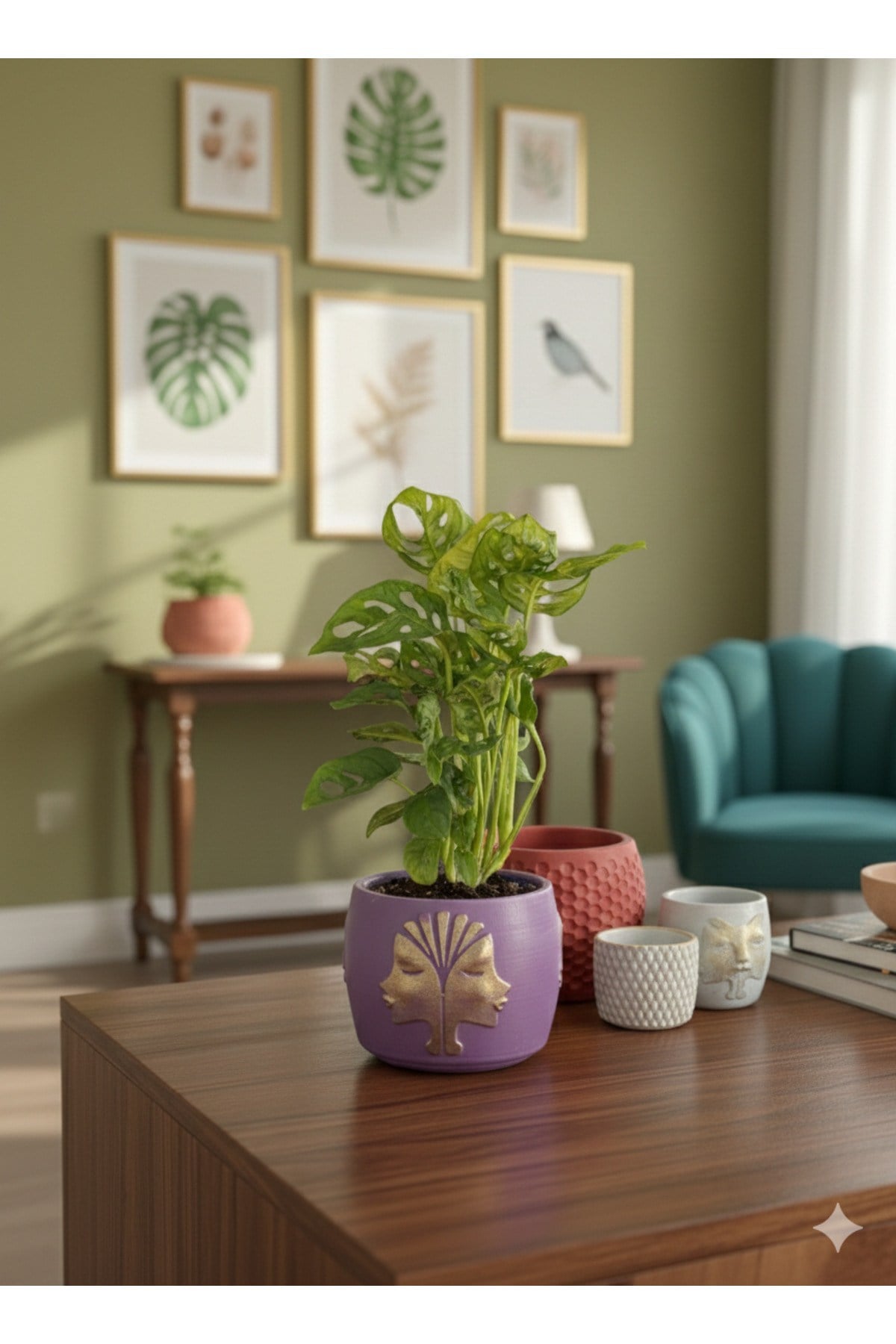 Canlı Monstera Adansonii Maymun Maskesi - El Yapımı Tasarım Mor Beton Saksı
