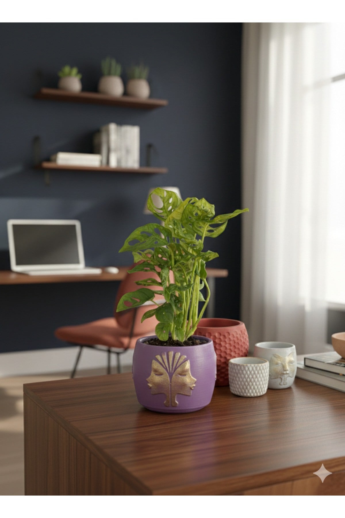 Canlı Monstera Adansonii Maymun Maskesi - El Yapımı Tasarım Mor Beton Saksı