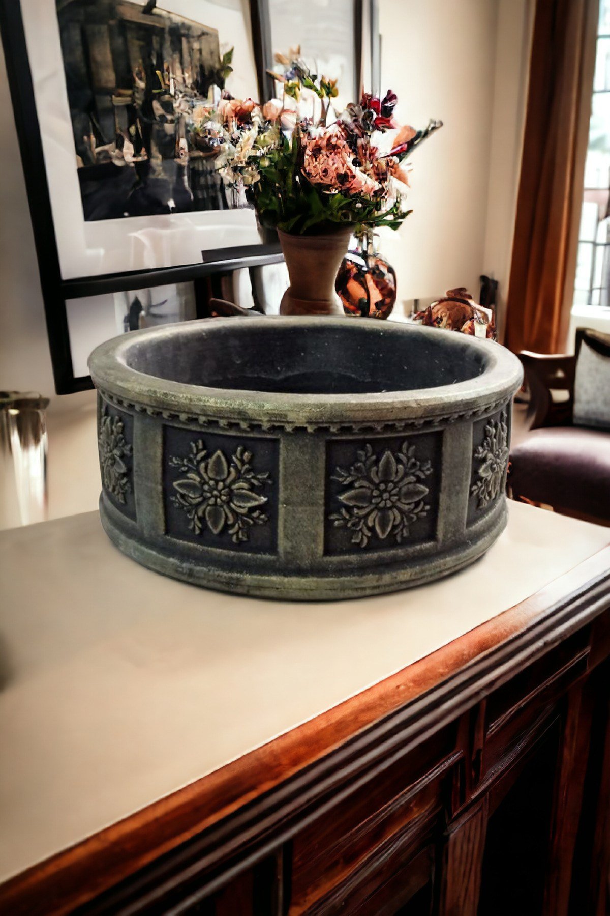 Çiçek Desenli Beton Bonsai ve aranjman Saksısı -+30 cksalcisa