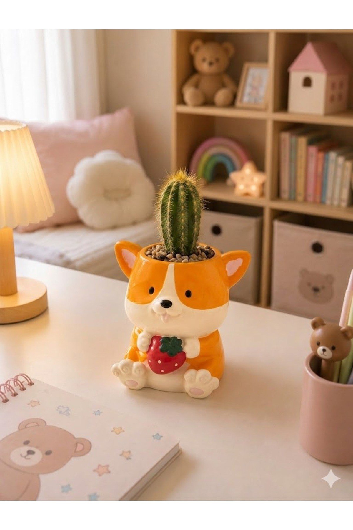 Corgi Köpek Figürlü Çilekli Saksı - Sevimli Hayvan Tasarım Sukulent ve Kaktüs Saksısı