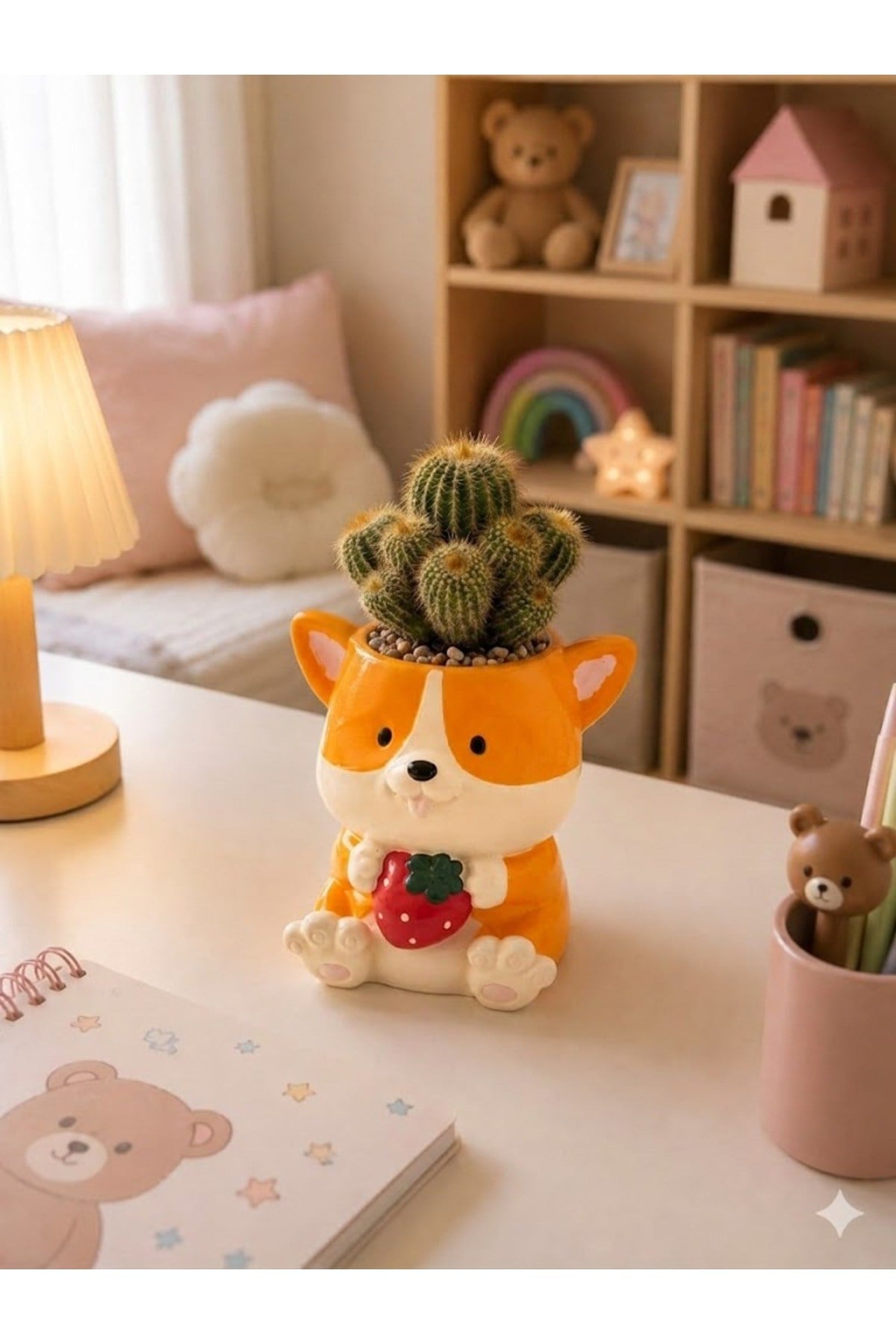 Corgi Köpek Figürlü Çilekli Saksı - Sevimli Hayvan Tasarım Sukulent ve Kaktüs Saksısı