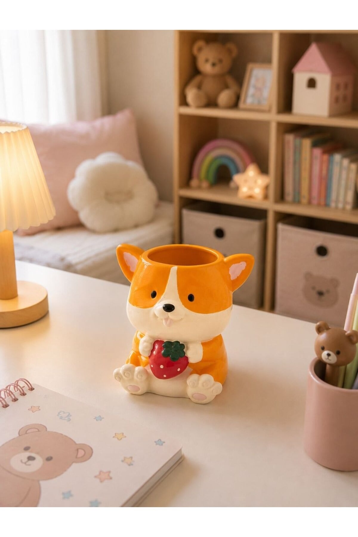 Corgi Köpek Figürlü Çilekli Saksı - Sevimli Hayvan Tasarım Sukulent ve Kaktüs Saksısı