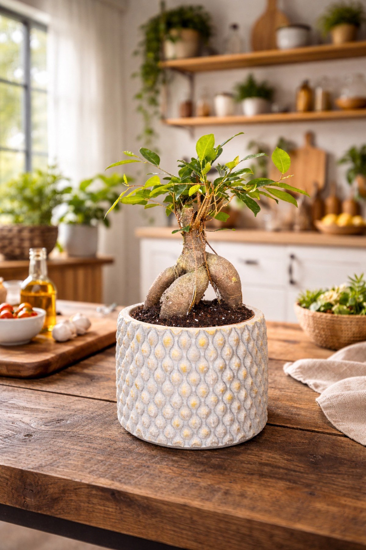 Dekoratif Saksılı Ficus Ginseng Bonsai Canlı Bitki – Masaüstü Ofis Ev Salon Bitkisi