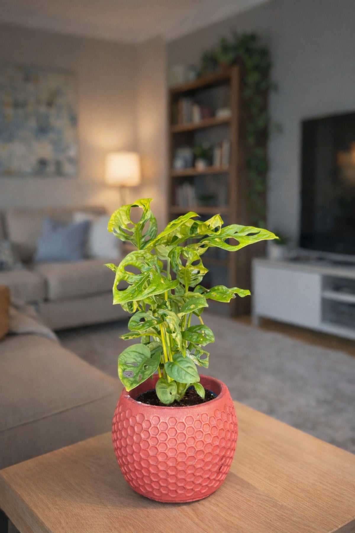 Dekoratif Taş Saksılı Monstera Adansonii (Melek Kanadı) – İç Mekan Salon Ofis Bitkisi Deve Tabanı