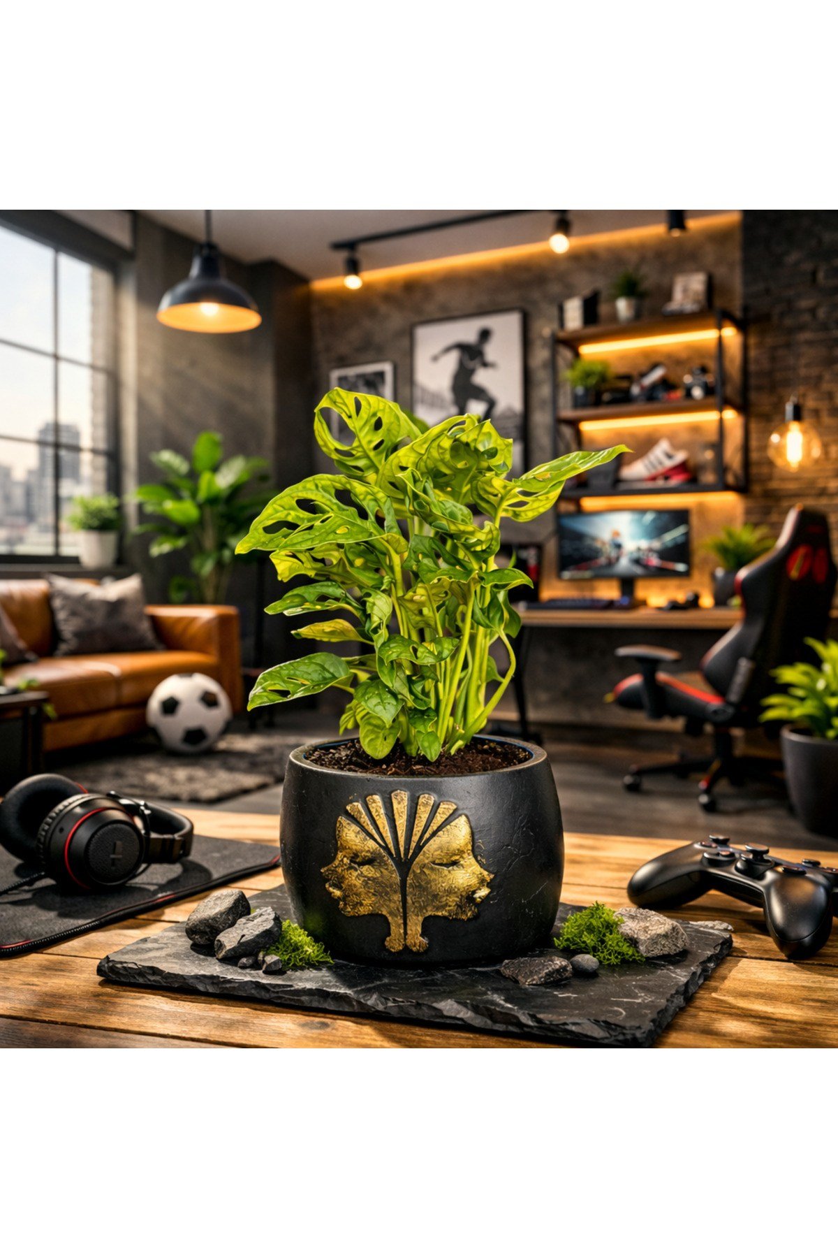 Gold Detaylı Siyah Saksıda Monstera Monkey Adansonii – Dekoratif Salon Ofis Masa Üstü Bitki i