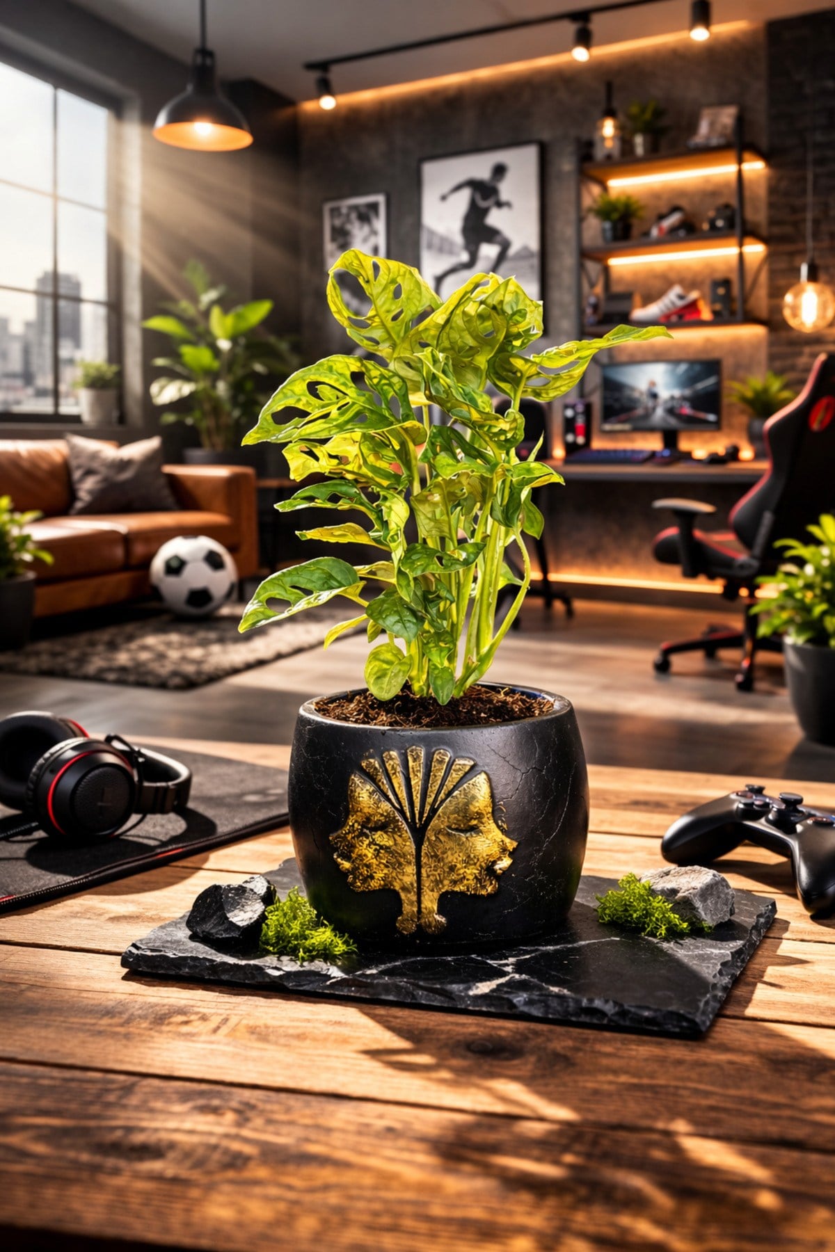Gold Detaylı Siyah Saksıda Monstera Monkey Adansonii – Dekoratif Salon Ofis Masa Üstü Bitki i