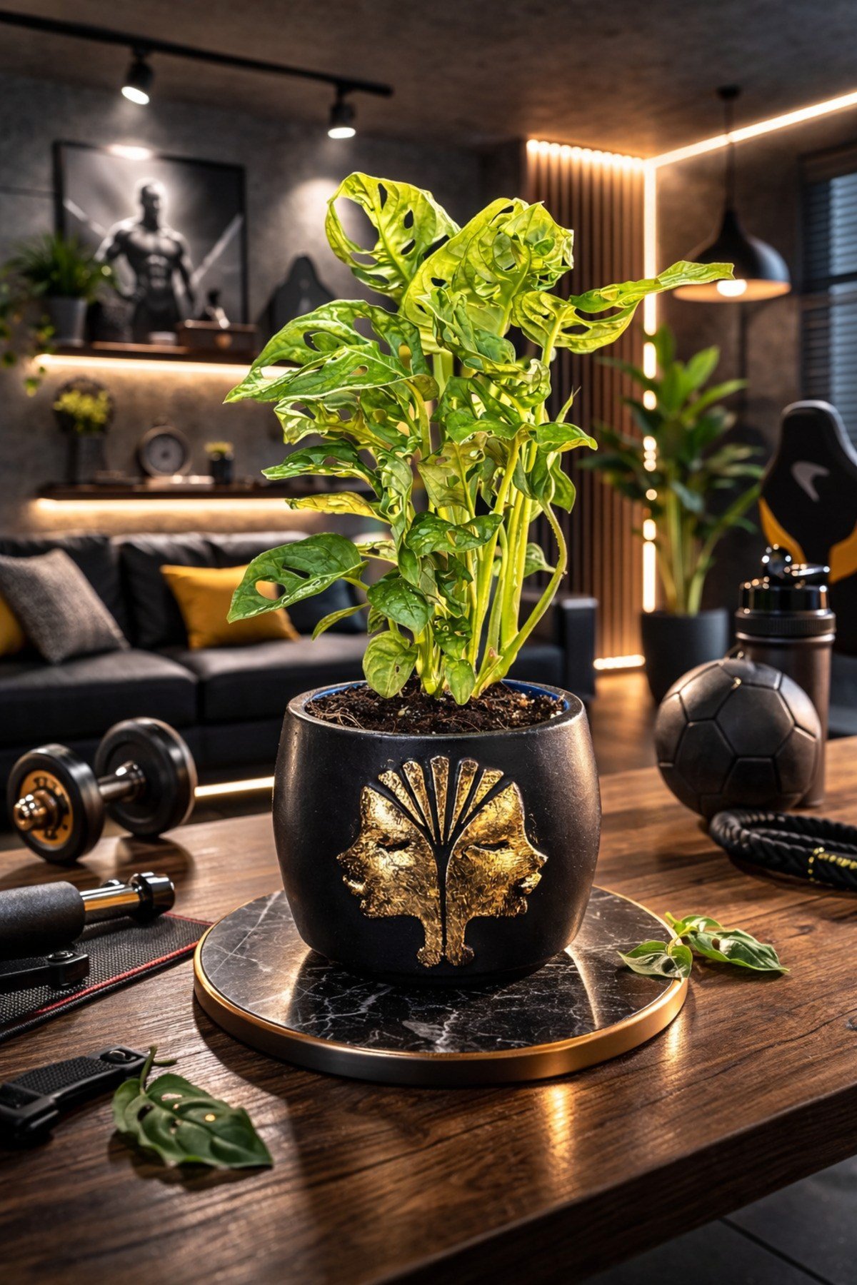 Gold Detaylı Siyah Saksıda Monstera Monkey Adansonii – Dekoratif Salon Ofis Masa Üstü Bitki i