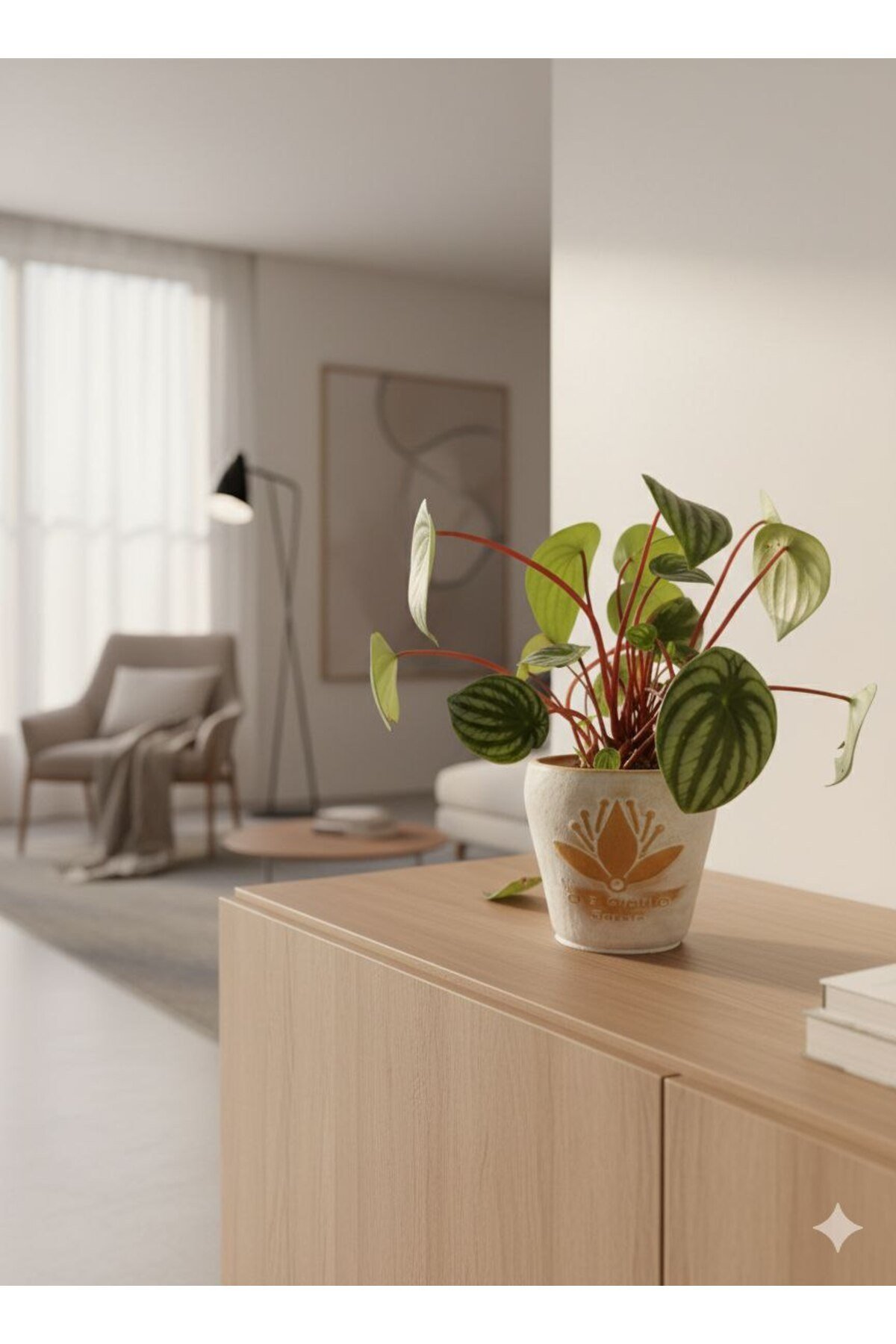Karpuz Peperomia (Peperomia argyreia) - Dekoratif Taş Saksılı