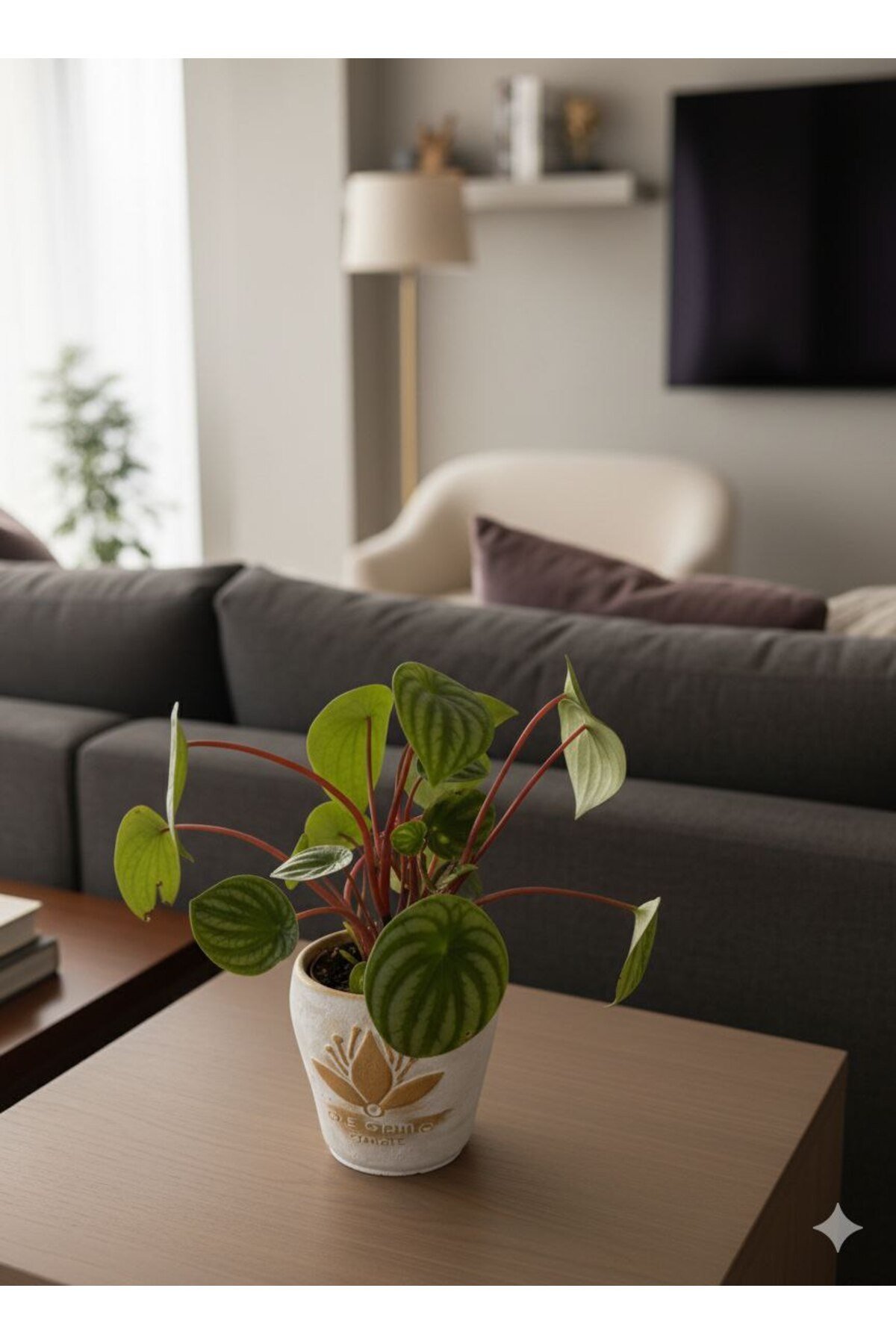 Karpuz Peperomia (Peperomia argyreia) - Dekoratif Taş Saksılı